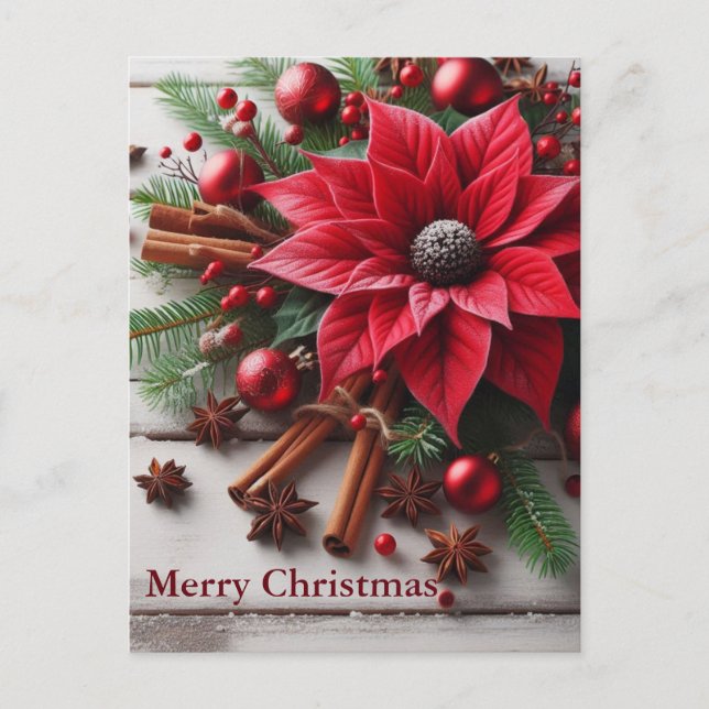 Röd julblomma på traditionellt vitt trä vykort (Framsida)