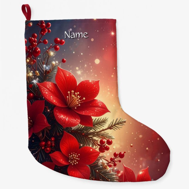 Röd julblommig firandestrumpa stor julstrumpa (Framsidan)