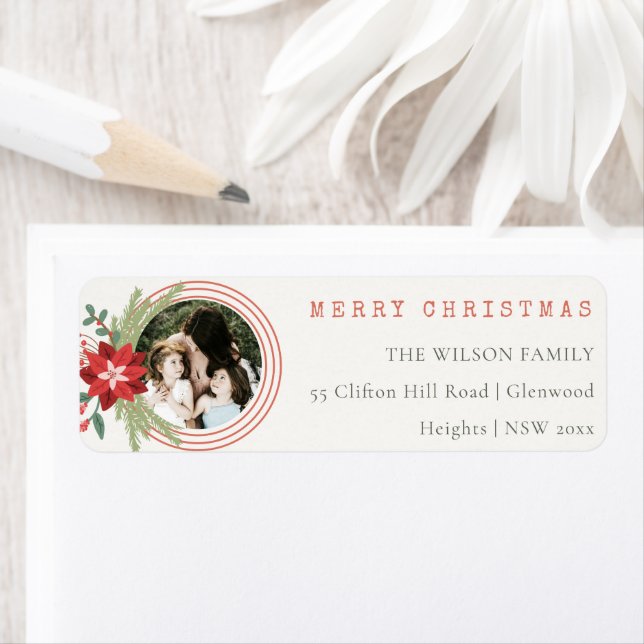 Röd julcirkel Photo Poinsettia Adress Returadress Etikett (Insitu)