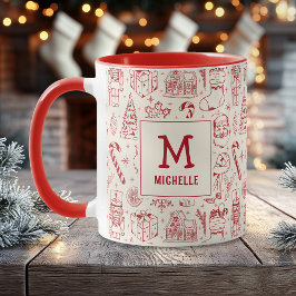 Röd juldoodle Monogram och Namn Mugg
