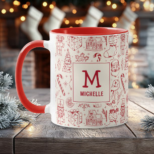 Röd juldoodle Monogram och Namn Mugg