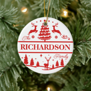 Röd julfamilj Namn Monogram Anpassat namn Julgransprydnad Keramik