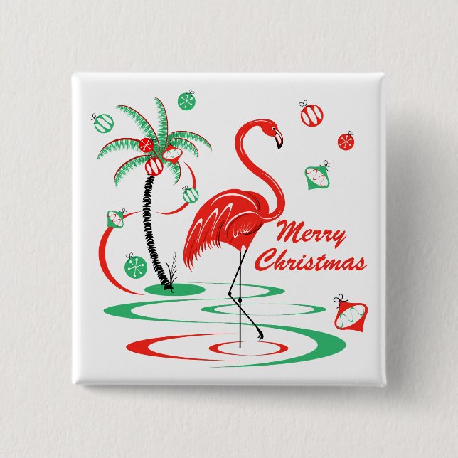 Röd julflamingo God Jul fyrkantig Knapp (Framsida)