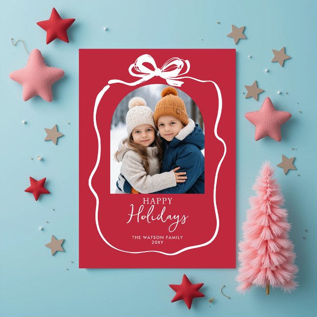 Röd julfotohandritad båge band helg vykort (Red Christmas Photo Hand-Drawn Bow Ribbon Holiday Postcard)