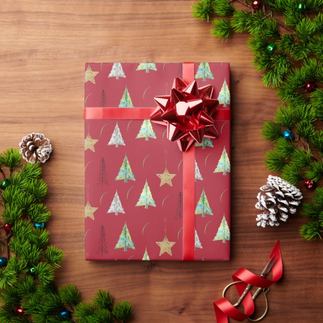 Röd julgran akvarellmönster presentpapper (Julgåva)