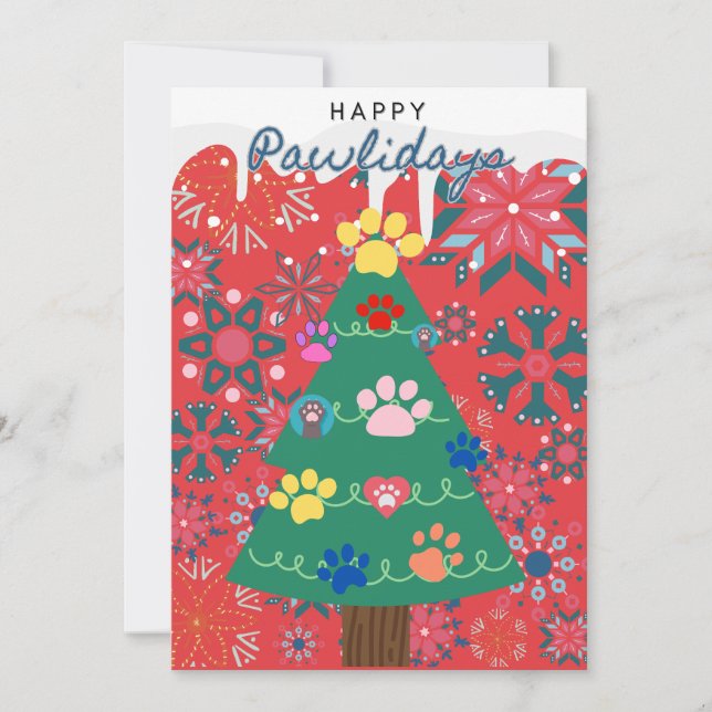 Röd julgran med tass prydnader festlig julkort (Framsida)