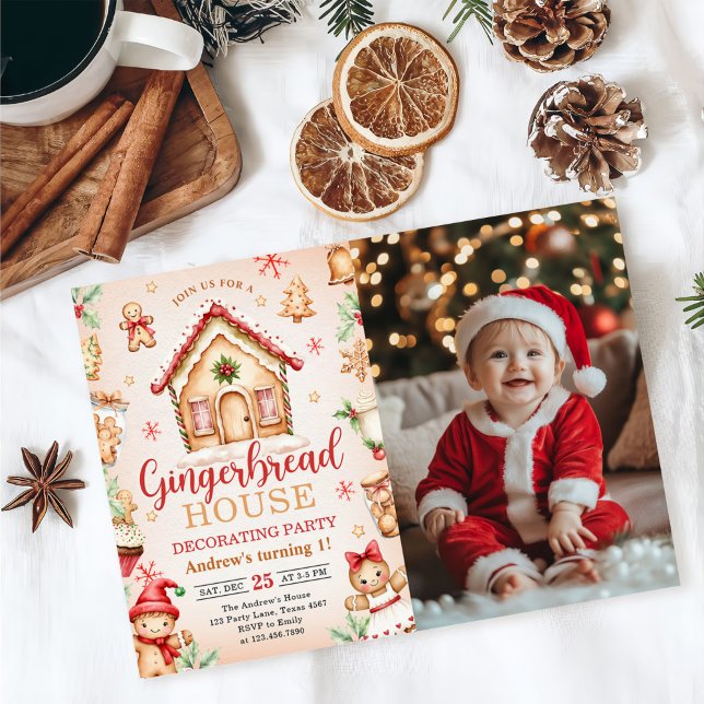 Röd julgranshusdekorering födelsedagsfoto inbjudningar (Skapare uppladdad)