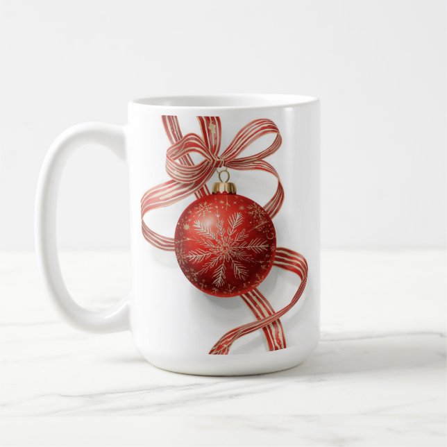Röd julgranskula-ornament Guld snöflinga band Kaffemugg (Vänster)