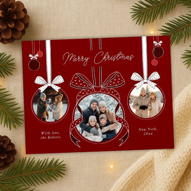 Röd julgransprydnadsband med tre foton vykort (elegant ribbons, bows and ball balls photo collage Christmas postcards in red and white)