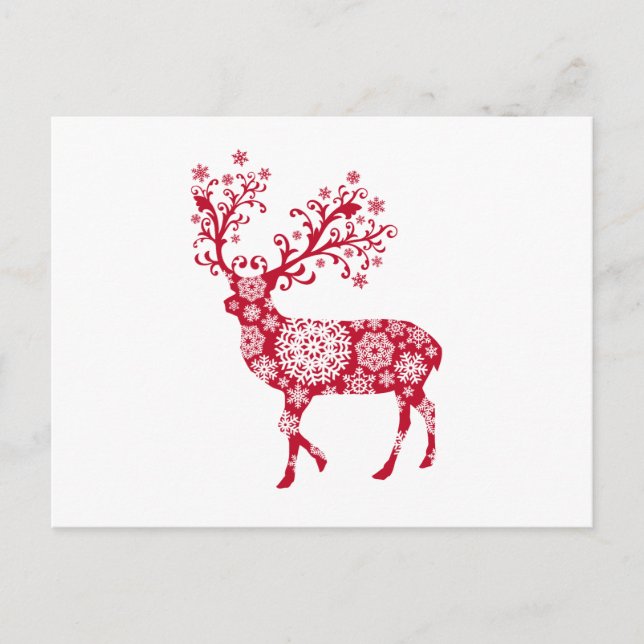Röd julhjort med snöflingor helg vykort (Framsida)