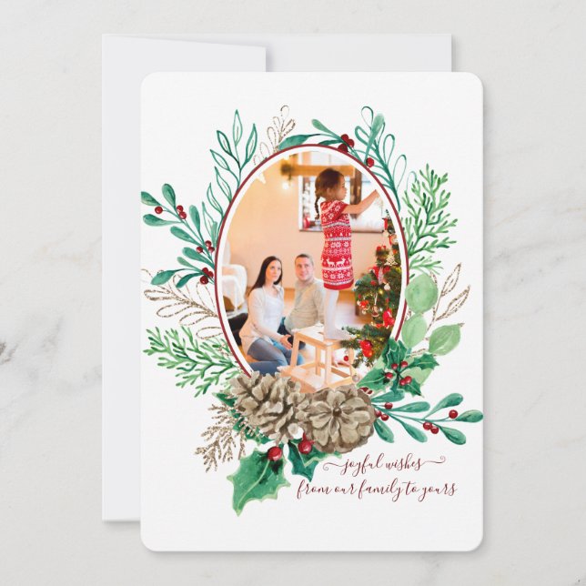 Röd julholberrytallkottskrans med foto julkort (Framsida)