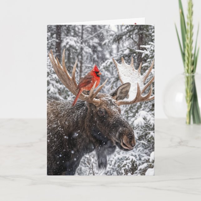 Röd julkardinal på snöiga älghorn kort (Framsida)