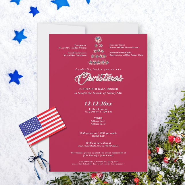 Röd julklapp Gala Dinner Inbjudningar (Red Christmas political fundraiser gala invitation on snowy background with star tree)