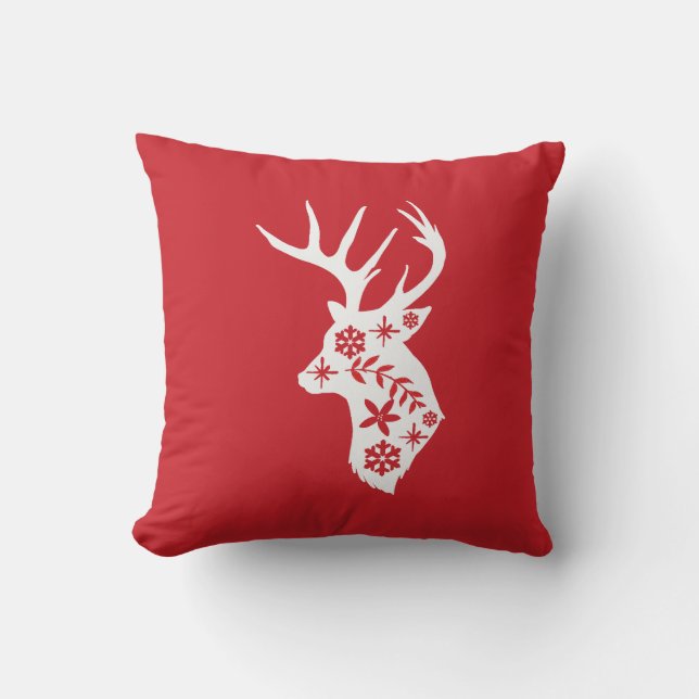 Röd julklapp med vit Hjort Kudde (Framsida)