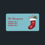 Röd julklapp på blå med Anpassningsbar Adressetikett<br><div class="desc">Desteis ursprungliga illustration av en festlig röd julklapp med två polkagrisar. Bakgrunden färg är blå. Det finns också två anpassningsbara textområden.</div>