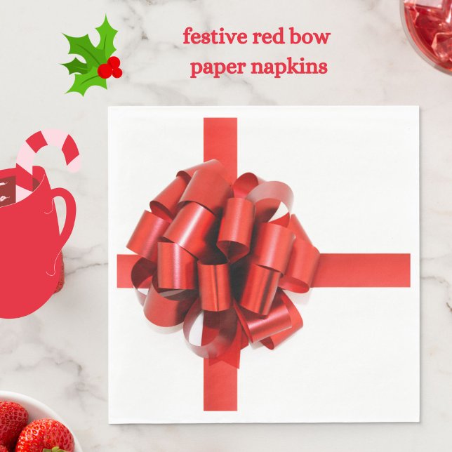 Röd julklapp på vit Elegant Pappersservett (Festive red bow paper napkins to adorn your holiday table)