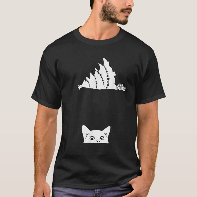 Röd julklapp Tipping Julafton Träd over Meowy Cat T Shirt (Framsida)