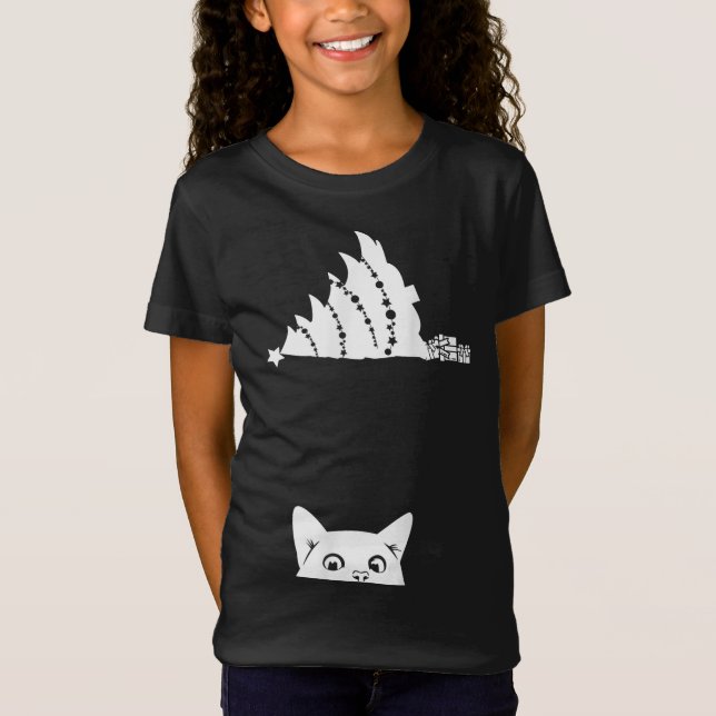 Röd julklapp Tipping Julafton Träd over Meowy Cat T Shirt (Framsida)