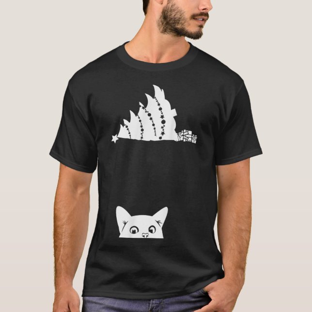 Röd julklapp Tipping Julafton Träd over Meowy Cat T Shirt (Framsida)