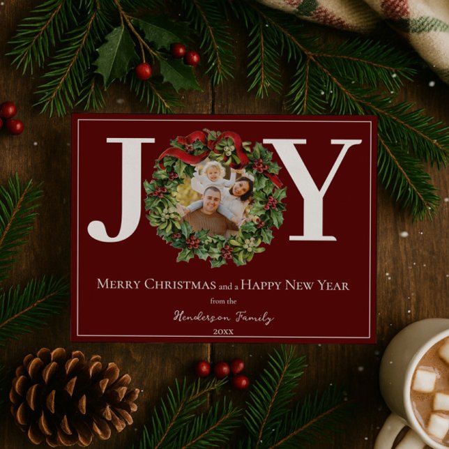 Röd Julkrans Foto Julkort (Red Joy Christmas Wreath Photo Holiday Card)