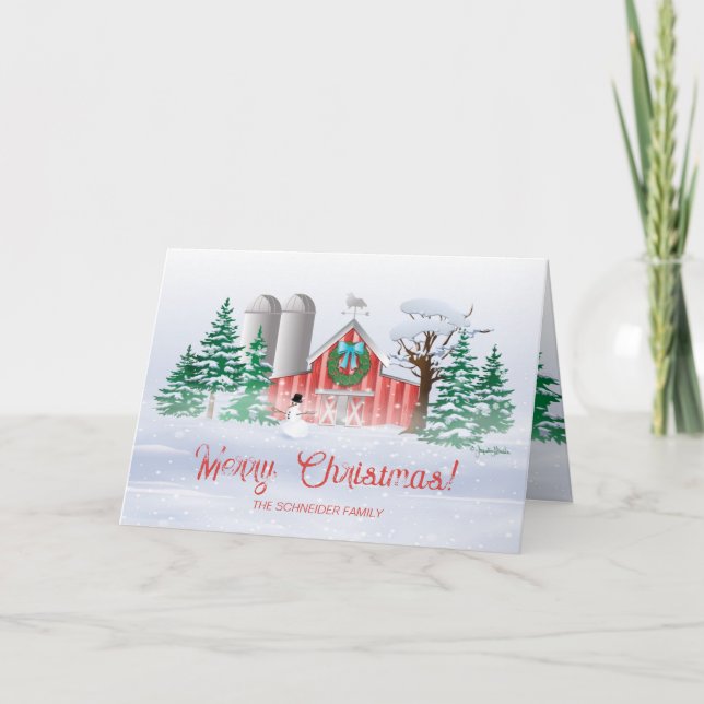 Röd julkransemanschett snöman helgkort (Framsida)