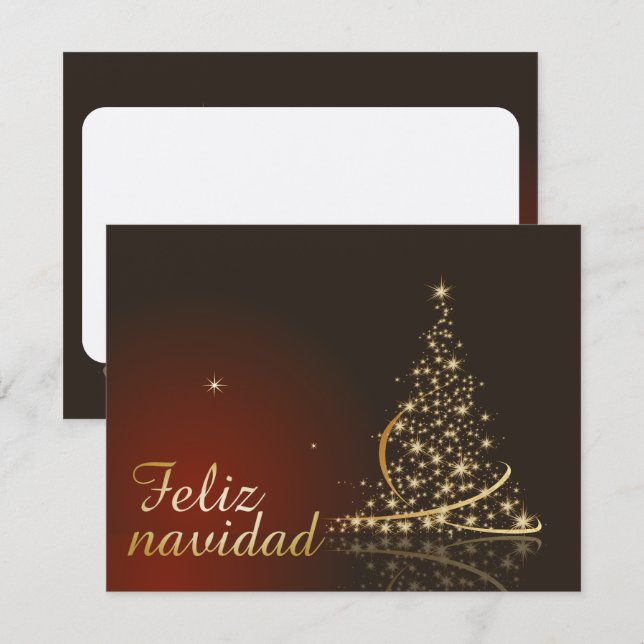 Röd julmotiv med gyllene julgran. inbjudningar (Fram/baksida)