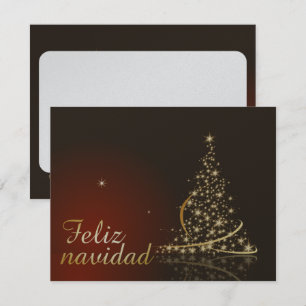 Röd julmotiv med gyllene julgran. inbjudningar