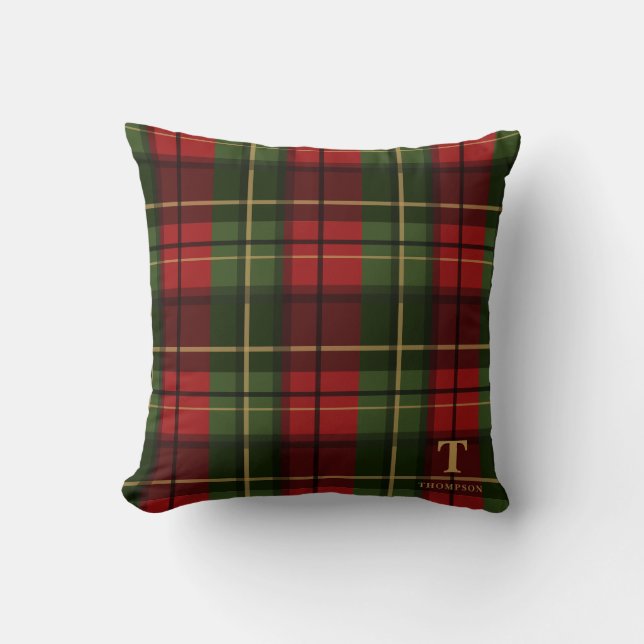 Röd julrutig med monogram och efternamn kudde (Framsida)