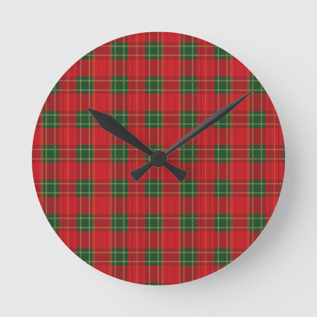 Röd julrutig mönster | Mysig juldesign  Rund Klocka (Framsida)