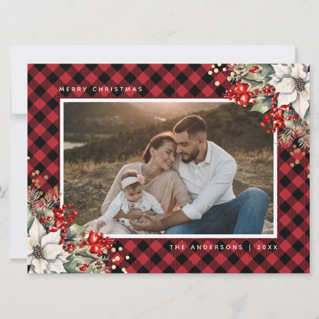 Röd julstjärna och järnekbär Foto Julkort (Framsida)