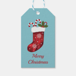 Röd julstrumpa på blå - God Jul Presentetikett