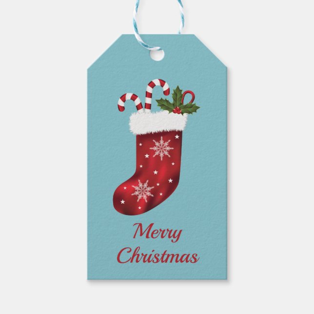 Röd julstrumpa på blå - God Jul Presentetikett (Framsidan)