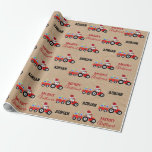 Röd jultraktor Lastbil Farm Anpassat namn Kraft Presentpapper<br><div class="desc">En söt illustration av en röd jultraktor lastbil med en julhatt och dekorerad i julklapp ljus som drar en vagn fylld med julklappar på en papper bakgrund som är brunkol. Perfekt för pojkar och flickor som kärlek-traktorer, lastbilar, tunga maskiner, jordbruk eller bara kärlek leker med leksak lastbilar. En idealisk julomslutning...</div>