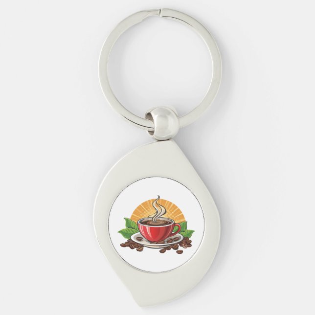 Röd kaffekopp swirl silverfärgad nyckelring (Framsidan)