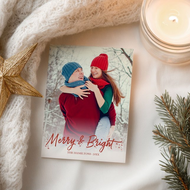 Röd Kalligrafi Foto Glad och Ljusstark Jul Vykort (Skapare uppladdad)