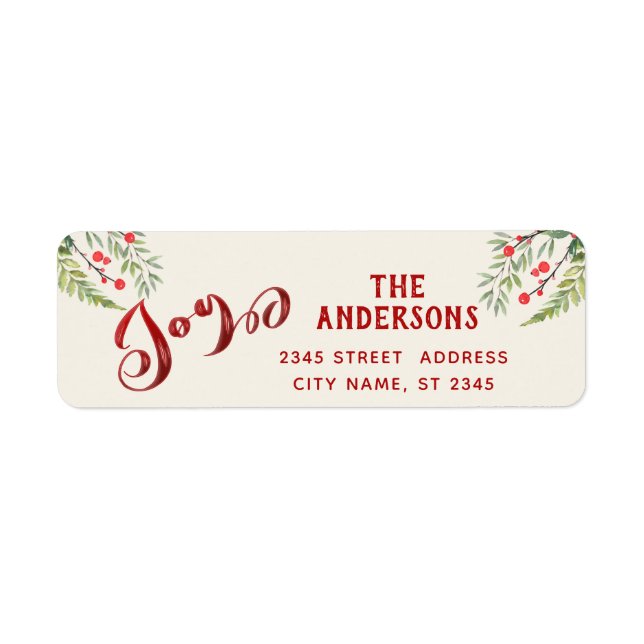 Röd kalligrafi glädje greenery holly returadress etikett (Framsidan)