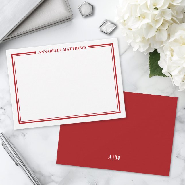 Röd kant minimalistisk namnmonogram anteckningskort (Red Border Minimalist Name Monogram Note Card)