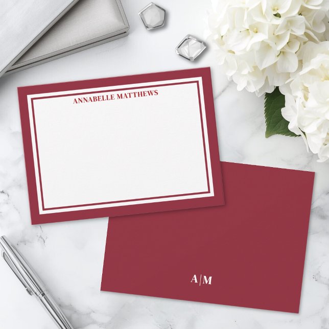Röd kant minimalistisk namnmonogram anteckningskort (Red Border Minimalist Name Monogram Note Card)