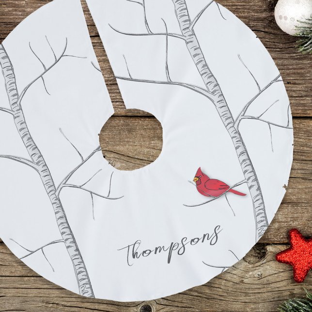 Röd Kardinal Björk Träd Vinter Julgran Julgransmatta Borstad Polyester (Red cardinal birds on birch tree Christmas tree skirt with rustic winter design)