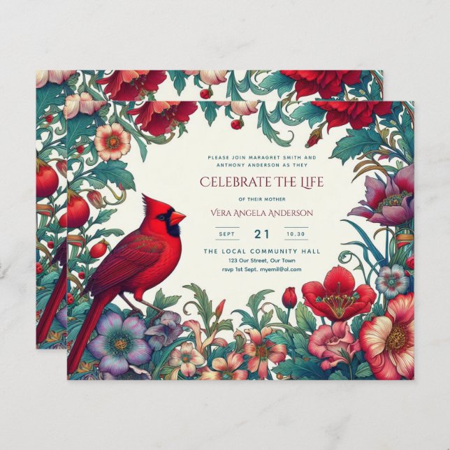 Röd kardinal Firande av Life Funeral Memorial (Fram/baksida)