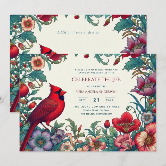 Röd kardinal Firande av Life Funeral Memorial (Fram/baksida)