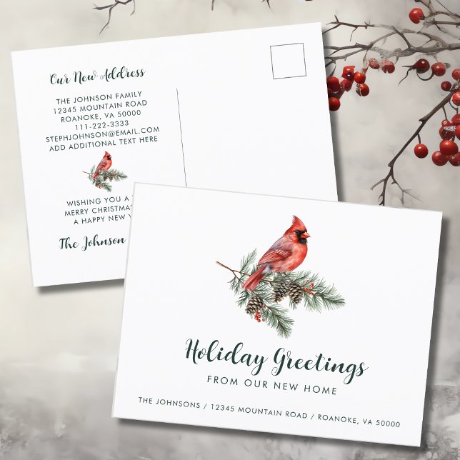 Röd kardinal Holiday Greetings från New Home Meddelande Vykort (Red Cardinal Holiday Greetings from New Home Moving Announcement Postcard)