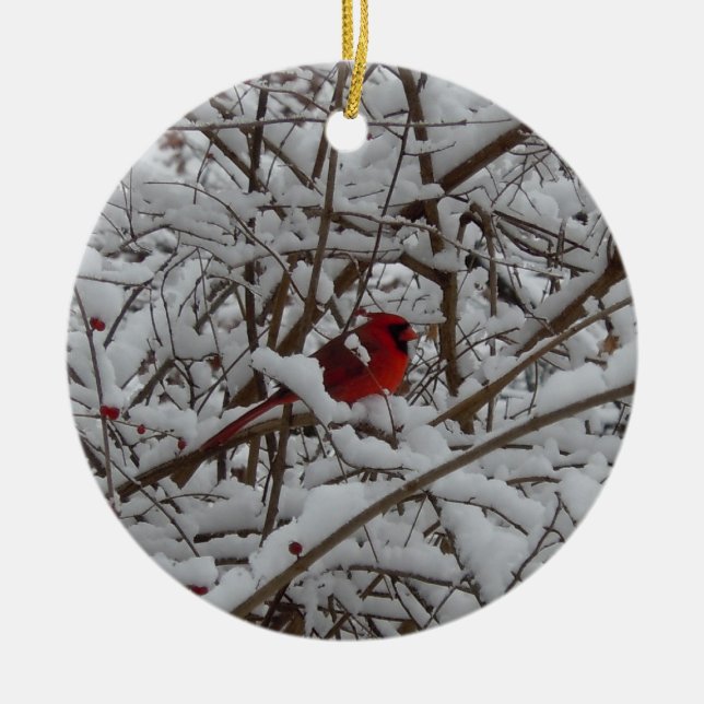 Röd kardinal i ett Träd-Ornament fyllt i Snö Julgransprydnad Keramik (Framsidan)
