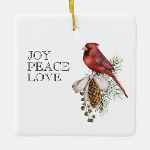 Röd kardinal, JOY PEACE KÄRLEK - Juli Julgransprydnad Keramik