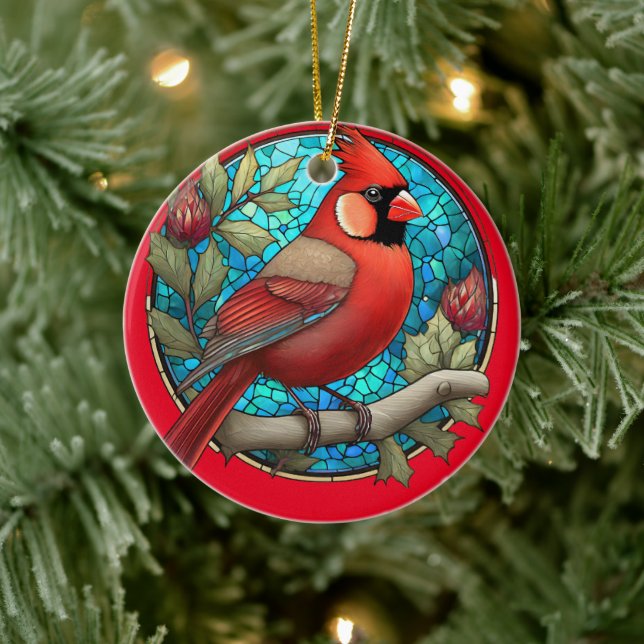 Röd kardinal keramisk dekorativ glasaktigt utseend julgransprydnad keramik (Träd)