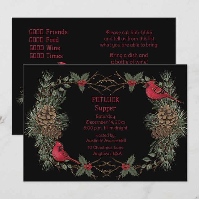 Röd Kardinal Krans Jul Pot Luck Middag  Inbjudningar (Fram/baksida)