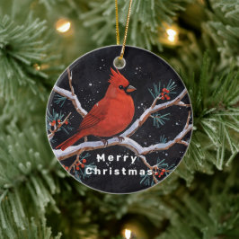 Röd kardinal med Winter Red Berries Julgransprydnad Keramik