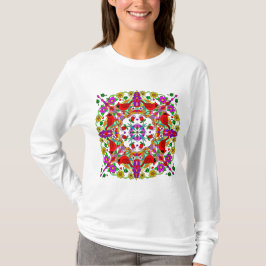 Röd kardinal och färgade blommor Mandala T Shirt