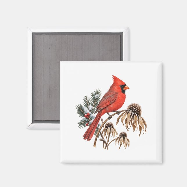 Röd kardinal och snöiga fröhöjder magnet (Front/Back)
