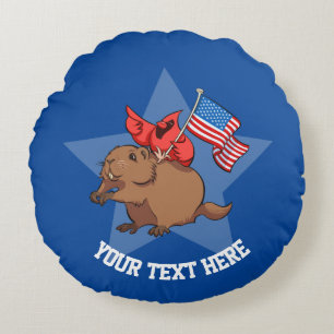 Röd kardinal och USA flagga Tecknad och text Rund Kudde